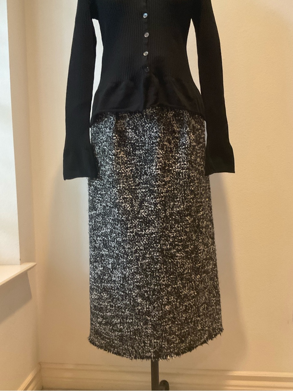 Zara Black & White Tweed High Waist Midi Skirt - Women's Classic Knit